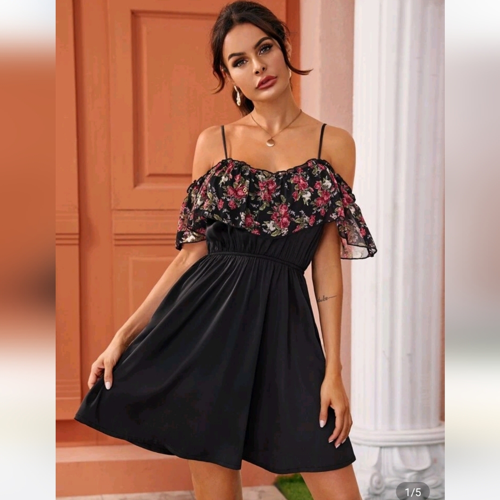 Black Dress with Floral Off Shoulder Ruffle